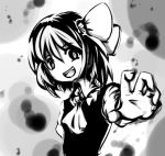  abstract_background ascot black_dress black_hair breasts bust claw_pose dress evil_smile fang fingernails flat_chest foreshortening grey_background greyscale hair_between_eyes hair_ribbon hands head_tilt high_collar long_sleeves looking_at_viewer monochrome no_nose open_mouth outstretched_arm reaching rekurisu ribbon rumia short_hair slit_pupils smile solo teeth the_embodiment_of_scarlet_devil touhou white_background white_ribbon white_skin wing_collar youkai 