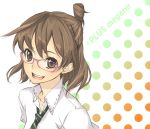  background_text brown_eyes brown_hair bust glasses gradient hair_ornament hairclip necktie open_mouth original pink-framed_glasses polka_dot polka_dot_background sasetsu short_sleeves solo white_background 