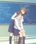  brown_eyes brown_hair chair chalkboard classroom flash_tomo glasses hands_on_knees highres multiple_girls necktie original school_uniform sitting skirt sweater_vest 