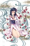  bangs bare_legs bare_shoulders black_hair blue_hair cherry_blossoms floral_background flower japanese_clothes kimono legs long_hair looking_at_viewer maeda_risou obi off_shoulder original parted_bangs pink_eyes risoumaeda seiza sitting smile solo yukata 