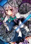  bad_id bow clock gloves hair_bow highres izayoi_sakuya knife maid_headdress red_eyes short_hair shromann silver_hair smile solo the_embodiment_of_scarlet_devil thigh-highs thighhighs throwing_knife touhou weapon white_gloves 