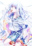  blue_hair flower highres kaminary kneeling long_hair original petals school_uniform serafuku skirt snowflakes solo 