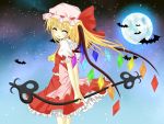  ascot bad_id bat blonde_hair braid dress eyes_closed flandre_scarlet full_moon hat hat_ribbon laevatein lance moon night polearm red_eyes ribbon side_ponytail smile solo the_embodiment_of_scarlet_devil touhou weapon wings 