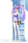  alternate_hairstyle bangs barefoot blunt_bangs book breasts camisole cleavage crescent crescent_moon feet holding holding_book large_breasts long_hair patchouli_knowledge popsicle purple_eyes purple_hair short_shorts shorts solo standing striped tarou touhou twintails violet_eyes 