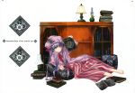  absurdres aqua_eyes barefoot blush book feet hat highres lying nabeshima_tetsuhiro necronomicon patchouli_knowledge pillow purple_hair solo touhou 