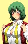  &gt;:( annoyed bad_id blush breasts bursting_breasts bust cleavage dress_shirt green_hair impossible_clothes impossible_shirt kazami_yuuka kn96 large_breasts necktie orange_background plaid plaid_vest red_eyes shiny shiny_hair shiny_skin shirt short_hair simple_background solo touhou unbuttoned undressing untied youkai 