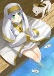  bad_id barefoot blue_hair cat green_eyes habit hat highres index legs nun origami robe shuizhanglang sitting sphinx_(index) to_aru_majutsu_no_index water 