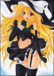  bow braid elbow_gloves gloves hat kirisame_marisa lingerie long_hair marker_(medium) miniskirt panties pastel_(medium) skirt thigh-highs thighhighs touhou traditional_media underwear very_long_hair yadokari_genpachirou yellow_eyes 