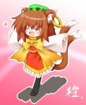  blush bow cat_ears cat_tail chen chibi closed_eyes earrings eyes_closed fang haetorisou hat heart jewelry large_bow running smile tail touhou 
