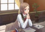  atelier_rorona bad_id brown_hair estiy_erhard esty_erhard green_eyes hair_ornament hairclip leaning_forward paper shacchi short_hair smile solo 