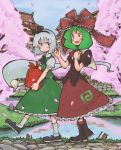  boots cherry_blossoms green_hair hair_ribbon kagiyama_hina kishiinu konpaku_youmu konpaku_youmu_(ghost) mary_janes multiple_girls myon ribbon shoes short_hair silver_hair smile socks sword touhou weapon 