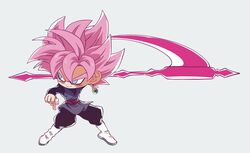  1boy black_pants black_shirt boots chibi dragon_ball dragon_ball_super energy_blade full_body goku_black grey_background grey_eyes grey_tunic highres holding holding_scythe komesan_0212 male_focus pants pink_hair scythe shirt simple_background solo spiky_hair super_saiyan super_saiyan_rose tunic white_footwear 