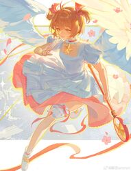 1girl absurdres ankle_garter antenna_hair between_fingers bow breasts brown_hair building card cardcaptor_sakura cherry_blossoms choker city cropped dress falling_flower feathered_wings flower frilled_choker frilled_thighhighs frills full_body green_eyes hair_bow hand_up highres holding holding_card holding_wand kinomoto_sakura layered_dress magical_girl pink_bow pink_choker pink_flower puffy_short_sleeves puffy_sleeves short_hair short_sleeves single_thighhigh small_breasts solo thigh-highs twintails two_side_up wand weibo_logo weibo_watermark white_dress white_footwear white_thighhighs white_wings wings xianhua_emmm