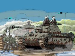  6+boys blue_sky cannon day dust dust_cloud furry highres military_uniform military_vehicle motor_vehicle multiple_boys on_tank original panther_(tank) sandbag shovel sky tank turret uniform vehicle_request yabarn 