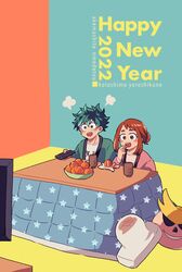  1boy 1girl 2022 all_might blush boku_no_hero_academia brown_eyes brown_hair controller desk food fruit green_hair green_jacket happy_new_year highres holding holding_remote_control jacket medium_hair midoriya_izuku open_mouth orange_(fruit) pink_jacket remote_control short_hair tabetai_omochi television uraraka_ochako 