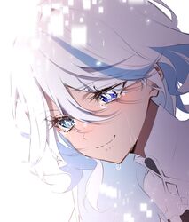  5656hayururi blue_brooch blue_eyes blue_hair crying crying_with_eyes_open dissolving drop-shaped_pupils focalors_(genshin_impact) furina_(genshin_impact) genshin_impact heterochromia highres light_blue_hair multicolored_hair streaked_hair streaming_tears symbol-shaped_pupils tears white_hair 