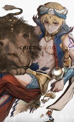  1boy absurdres animal_on_lap arabian_clothes bare_pectorals blonde_hair bracer chinese_text clothing_cutout commission earrings fate/grand_order fate_(series) from_above gilgamesh_(caster)_(fate) gilgamesh_(fate) hair_between_eyes head_chain highres jewelry lion looking_at_viewer male_focus minatsunen necklace on_lap open_clothes open_vest pants pectorals red_eyes red_pants serious shadow short_hair sitting tattoo turban vest white_background 