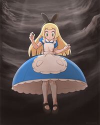  1girl alice_(alice_in_wonderland) alice_(alice_in_wonderland)_(cosplay) alice_in_wonderland apron black_footwear black_hairband blonde_hair blue_dress blush bow bow_hairband cosplay curled_fingers dress falling green_eyes hair_bow hairband hands_up highres hole julian0223 lillie_(pokemon) long_hair looking_down maid_apron mary_janes pantyhose parted_lips pokemon pokemon_sm puffy_short_sleeves puffy_sleeves shoes short_sleeves socks solo thigh-highs w_arms white_apron white_pantyhose white_socks white_thighhighs 