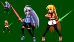  beam_saber blonde_hair energy_sword green_eyes gun koushin-ryou long_hair multiple_girls pantyhose pixel_art red_eyes silver_hair simple_background sora sora_(suguri) suguri suguri_(character) sword thigh-highs thighhighs weapon 