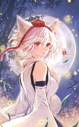  1girl animal_ears bare_shoulders closed_mouth commentary_request full_moon hat highres huge_moon inubashiri_momiji looking_at_viewer medium_hair moon night outdoors pom_pom_(clothes) red_eyes red_hat shirt solo soukou_(artist) tail tokin_hat touhou twitter_username upper_body white_hair white_shirt white_sleeves wolf_ears wolf_girl wolf_tail 