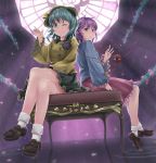  crossed_legs eyeball from_below green_eyes green_hair hairband hat hat_ribbon heart komeiji_koishi komeiji_satori legs loafers multiple_girls oumi_(rsag) purple_eyes purple_hair ribbon ryomo shoes short_hair siblings sisters sitting sun_hat table third_eye touhou violet_eyes water 