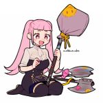  1girl artist_name axe blue_legwear boots do_m_kaeru fire_emblem fire_emblem:_three_houses garreg_mach_monastery_uniform hilda_valentine_goneril holding long_hair open_mouth pink_eyes pink_hair simple_background sitting solo sticker twintails uniform white_background 