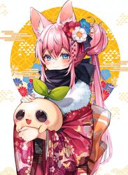  1girl animal_ears black_scarf blue_eyes blue_flower blush closed_mouth commentary creature dog_ears dog_girl egasumi english_commentary floral_print floral_print_kimono flower fur-trimmed_kimono fur_trim hair_between_eyes hair_flower hair_ornament hairclip highres holding holding_creature japanese_clothes kanzashi kimono long_hair mixed-language_commentary new_year pink_hair red_flower red_kimono scarf seigaiha solo tsumami_kanzashi upper_body very_long_hair white_flower wide_sleeves yuniiho yuniiho_(vtuber) 