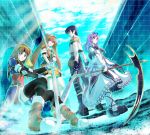  3girls anelace_elfead aqua aqua_background brown_hair dress eiyuu_densetsu estelle_bright everyone falcom joshua_astray long_hair multiple_girls orange_dress purple_eyes purple_hair renne scythe sora_no_kiseki staff sword thighhighs twintails violet_eyes weapon white_dress xiacheng_tatsuya 