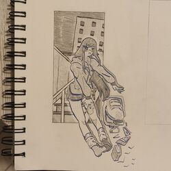 1girl bag black_hair graphite_(medium) hair_ornament hairclip highres long_hair long_sleeves non-web_source original pen plume school school_bag sergent_magnom sketch socks solo sportswear stairs thighs traditional_media vest