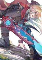  1boy blonde_hair blue_eyes cape gloves long_hair looking_at_viewer male_focus mechanical_arms monado nanami_shingu open_mouth shulk_(xenoblade) single_mechanical_arm sword weapon xenoblade_chronicles_(series) xenoblade_chronicles_3 