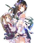  2girls blue_eyes bobby_socks book bow brown_hair card detached_sleeves frills hair_bow hair_ribbon kneehighs long_hair looking_back maid maid_headdress multiple_girls novel_cover open_book outbreak_company pointy_ears ribbon sandals simple_background socks toeless_legwear twintails violet_eyes white_background yuugen 