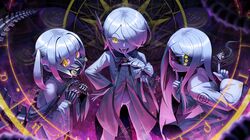  3girls absurdres bandaged_hand bandages blindfold blue_archive bow bowtie colored_skin commentary ein_(blue_archive) extra_pupils fang hair_over_one_eye highres khoaphan96 long_hair mask mechanical_hands mechanical_spine mechanical_tail mouth_mask multiple_girls ohr_(blue_archive) short_hair short_twintails sof_(blue_archive) symbol-shaped_pupils tail tongue tongue_out twintails white_hair white_skin x-shaped_pupils yellow_eyes 