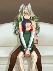  1boy 1girl akane_taiyou anima_(samidare) animal_ears bare_shoulders black_hair blue_eyes blush breasts bunny_ears bunnysuit couch couple demon_tail detached_sleeves embarrassed fake_animal_ears green_eyes green_hair hairband hoshi_no_samidare hug hug_from_behind long_hair pantyhose plus-kitsch rabbit_ears short_hair sitting sweater tail 