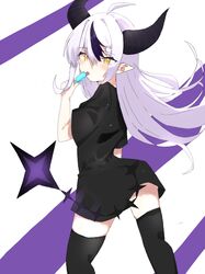  ahoge ass_peek black_shirt black_thighhighs commentary_request demon_girl demon_horns floating_hair food hair_between_eyes hand_up holding holding_food holding_popsicle hololive horns izayoiyu la+_darknesss licking long_hair looking_at_viewer multicolored_hair pointy_ears popsicle purple_background purple_hair shirt short_sleeves star_(symbol) tail thigh-highs thighs tongue tongue_out two-tone_background two-tone_hair white_background white_hair yellow_eyes zettai_ryouiki 