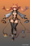  boots gloves horns jewelry lapucelle_(arasoo1210) lapucelle_(artist) long_hair orange_hair original red_eyes ring simple_background solo thigh-highs thighhighs twintails 