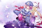  blonde_hair butterfly fan folding_fan gap hat japanese_clothes long_hair multiple_girls pink_hair purple_eyes ribbon saigyouji_yuyuko short_hair silversirius touhou yakumo_yukari 