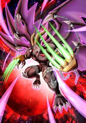  1boy absurdres belphemon belphemon_rage_mode chain claws commentary_request demon digimon digimon_(creature) dowa_d_715 energy_blade energy_claws furry furry_male highres horns male_focus moon multiple_wings open_mouth red_eyes red_moon sharp_teeth solo teeth wings 