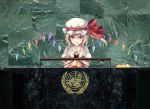  ascot blonde_hair fang flandre_scarlet hat kiyu photoshop ponytail pun red_eyes short_hair side_ponytail solo the_embodiment_of_scarlet_devil touhou united_nations wings 