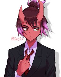  1girl adjusting_clothes adjusting_panties asura_(dirty_ero) black_suit brown_hair colored_skin commentary demon_girl demon_horns dirty_ero earrings english_commentary eyebrow_cut frown gradient_hair horns jewelry multicolored_hair necktie original panties pink_hair pink_shirt pointy_ears red_necktie red_skin shirt short_ponytail skin-covered_horns slit_pupils solo suit twitter_username underwear upper_body 