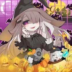  1girl bat_(animal) black_capelet black_dress candle capelet dress food hair_ornament hairpin haizumi_(noworld) halloween highres long_hair long_sleeves noir_(noworld) non6534 noworld piano_keys pudding pumpkin virtual_youtuber white_hair 