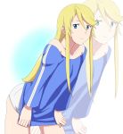  blonde_hair blue_eyes heroman leaning_forward lina_davis long_hair ribonzu shirt shirt_tug shorts smile solo zoom_layer 