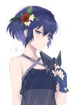  1girl akina_(akn_646) blue_eyes blue_gloves blue_hair closed_mouth fingerless_gloves fire_emblem fire_emblem_awakening fire_emblem_heroes flower gloves hair_flower hair_ornament highres holding holding_mask marth_(fire_emblem_awakening) mask short_hair simple_background solo swimsuit upper_body white_background 