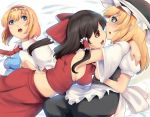  alice_margatroid black_hair blonde_hair blue_eyes brown_hair capelet detached_sleeves glomp hakurei_reimu hug kirisame_marisa midriff multiple_girls no_bra red_eyes touhou umakatsuhai 