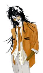  1boy bandaged_arm bandages black_hair chinese_commentary collared_shirt commentary_request cowboy_shot facial_tattoo hands_in_pockets highres jacket long_hair male_focus mole mole_under_eye necktie open_clothes open_jacket open_mouth orange_jacket orange_necktie pants pingguo_xiaogou round_eyewear shirt sidelocks simple_background smile solo striped_clothes striped_shirt tattoo tinted_eyewear touqi_guaitan turtleneck vertical-striped_clothes vertical-striped_shirt white_background white_pants white_shirt yellow-tinted_eyewear ziche_fuzhao 