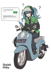  1girl ? akaharuu blue_eyes blue_hair cellphone commentary confused delivery denim english_commentary gojek green_helmet green_jacket hatsune_miku helmet highres honda honda_scoopy indonesian_flag indonesian_text jacket jeans license_plate long_hair motor_vehicle pants phone riding riding_scooter scooter screenshot_inset simple_background smartphone solo sweat text_messaging translation_request twintails vocaloid white_background 