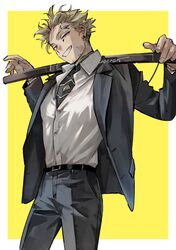  1boy black_coat blonde_hair boku_no_hero_academia border coat collared_coat collared_shirt facial_hair goatee_stubble grey_pants grin hawks_(boku_no_hero_academia) holding holding_sword holding_weapon kadeart knees_out_of_frame long_sleeves looking_at_viewer male_focus mature_male pants scar scar_on_face scar_on_forehead shirt short_hair smile solo stubble sword teeth weapon white_border white_shirt yellow_background yellow_eyes 