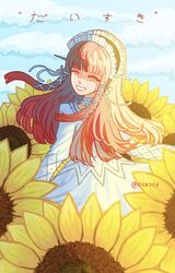  1girl :d ^_^ blue_sky blunt_bangs closed_eyes commentary cross_hair_ornament dress english_commentary field flower flower_field frilled_hairband frills hair_ornament hairband highres lolita_hairband long_hair looking_back outdoors persona persona_3 redhead ricescy sky smile solo sunflower translation_request white_dress yoshino_chidori 