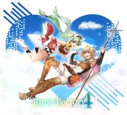  1boy 1girl :d animal ascot belt_pouch blonde_hair blue_sky boots brown_footwear clouds commentary_request copyright_name dress floating floating_hair frey_(rune_factory) full_body gloves green_eyes green_hair hair_ribbon heart highres holding holding_animal holding_hands interlocked_fingers lest_(rune_factory) long_hair long_sleeves looking_at_viewer low-tied_long_hair midair niduca_(hio_touge) open_mouth pants polearm pouch ribbon rune_factory rune_factory_4 short_hair sky smile spear squirrel tiara twintails violet_eyes weapon white_dress white_footwear white_gloves white_pants 