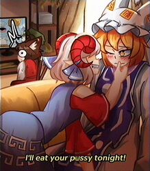  animal_ears blonde_hair blush brown_hair cat_ears cat_tail censored censored_text chen english_text hand_on_another&#039;s_chin hat highres horn_ornament horn_ribbon horns lad_der misunderstanding multiple_tails one_eye_closed pointy_ears ribbon sharp_teeth smiling_friends sweat tail teeth television touhou toutetsu_yuuma watching_television white_hair yakumo_ran yuri 