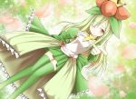  1girl blonde_hair bow detached_sleeves doredia dress flower green_hair green_legwear gusutan highres lilligant long_hair looking_at_viewer moemon orange_eyes personification petals pointing pokemon pokemon_(game) pokemon_black_and_white red_eyes skirt thigh-highs thighhighs wink yellow_eyes zettai_ryouiki 